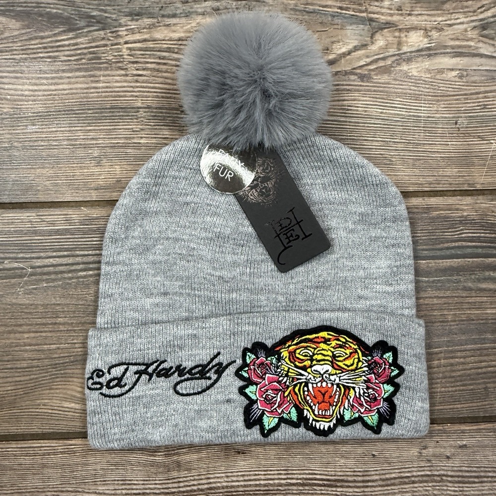 Ed Hardy Women's Pom Beanie Rose Tiger Gray One Size Y2K‎ NEW